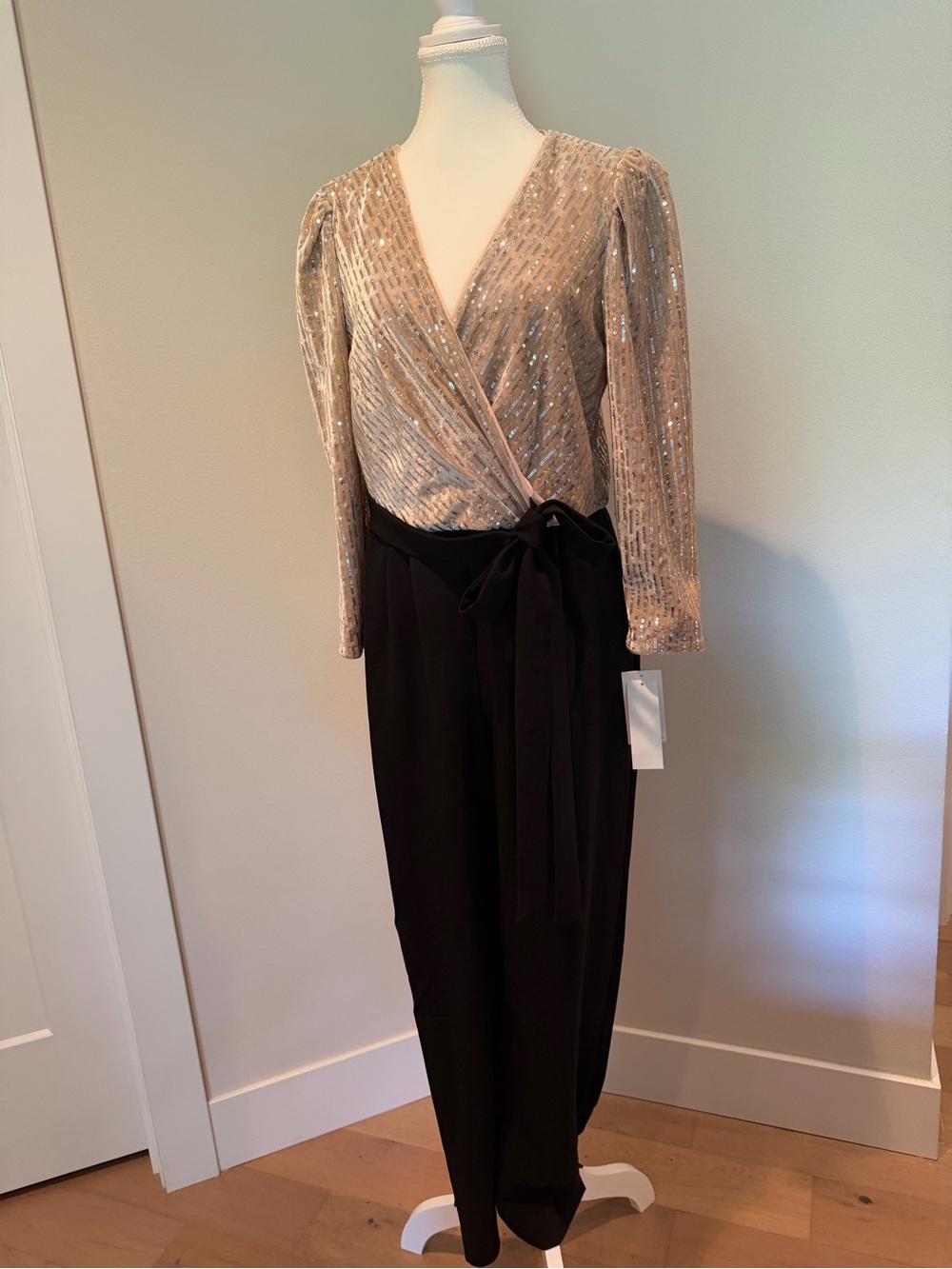 Julia Jordan Champagne Sequin Wrap Jumpsuit with Black Trousers
